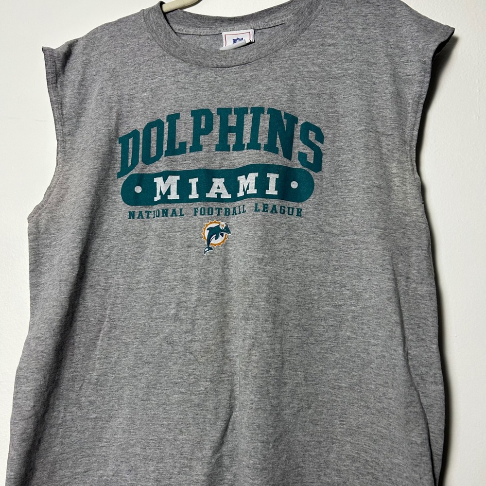90s vtg Miami Dolphins Muscle Tee Shirt Mens Gray Sleeveless Graphic Logo - Picture 2 of 6
